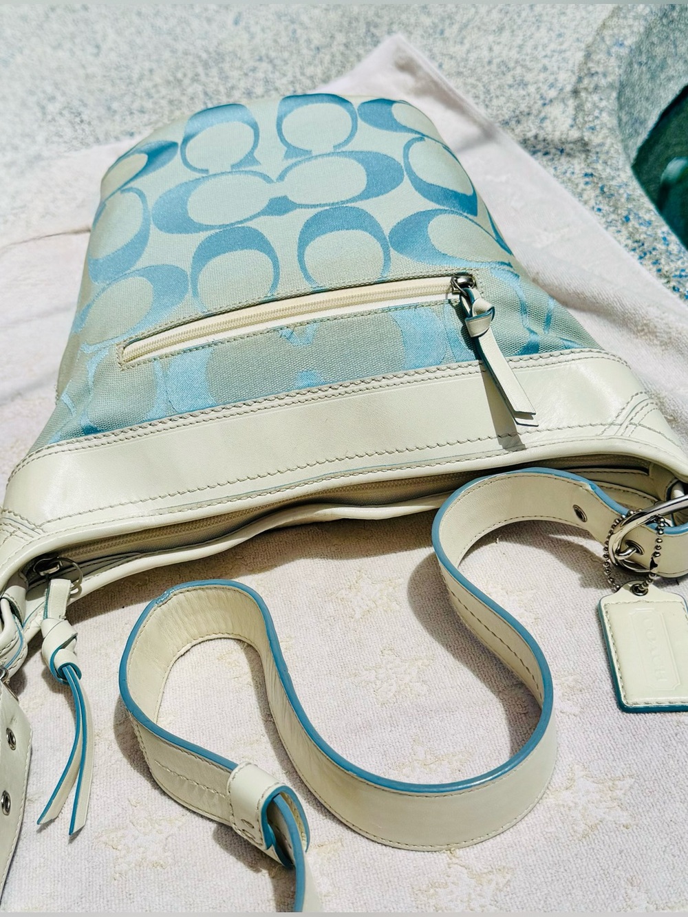Coach 2008 Convertible Bucket Bag #F13358 blue white Sig C Canvas Leather - EUC - Picture 9 of 16